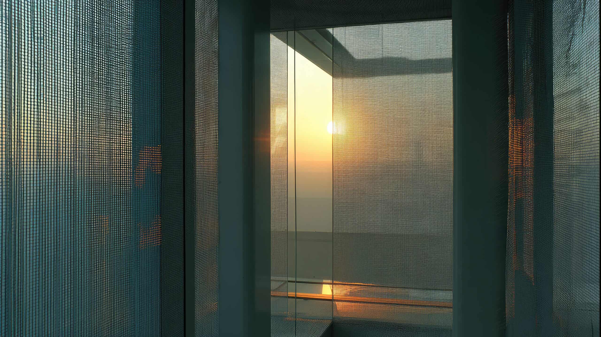 Interior view of a sunlit room with patterned glass.